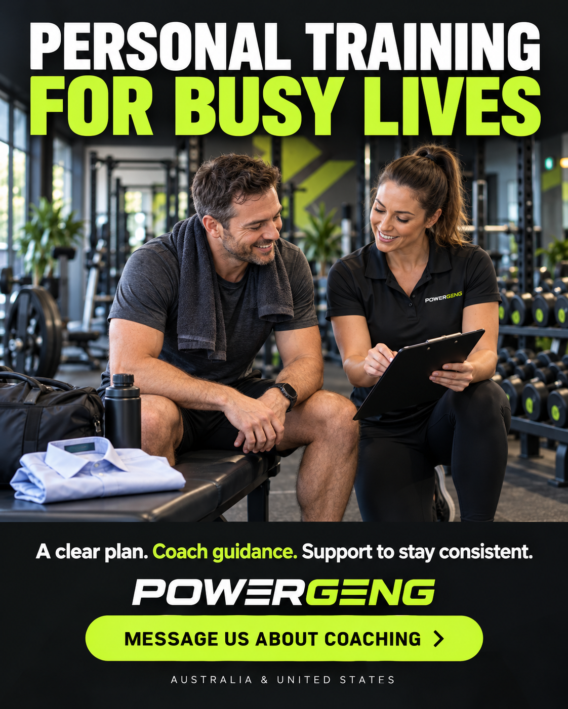 POWERGENG campaign: a busy professional discussing a training plan with a coach.